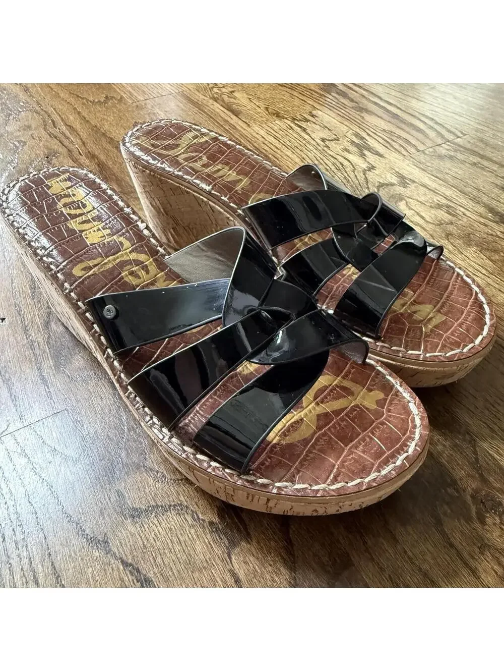 🖤 Sam Edelman Regis Black Patent Cork Wedge Sandals Size 9